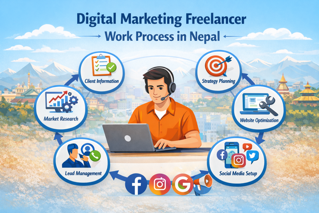 Step-by-Step Digital Marketing Freelancer Work Process in Nepal – Complete Guide for Clients Digital Marketing Freelancer Work Process step by step guide in Nepal.