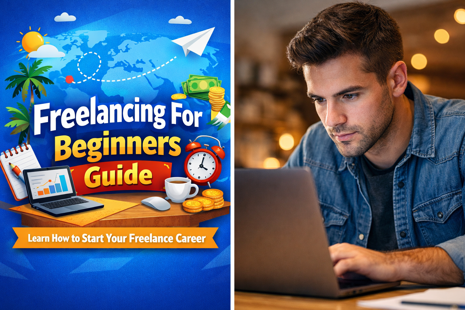 "Flat infographic showing top freelancing skills for beginners including digital marketing, web development, graphic design, content writing, SEO, and video editing"