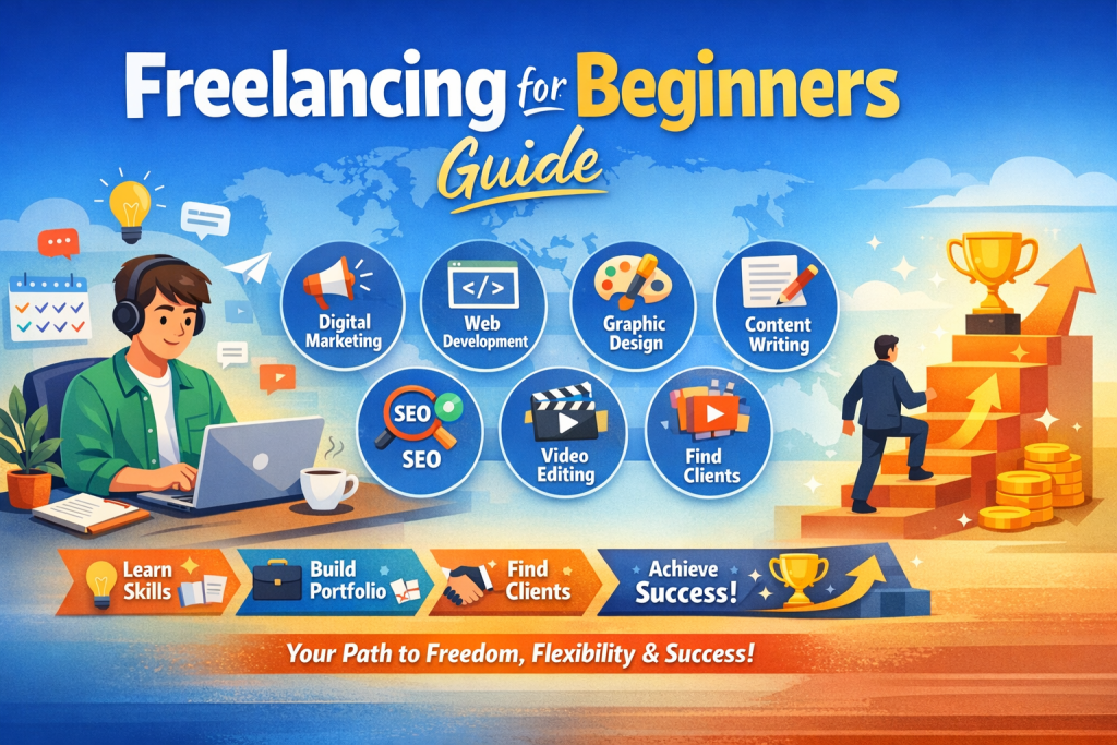 freelancing skills for beginners including digital marketing, web development, graphic design, content writing, SEO, and video editing"