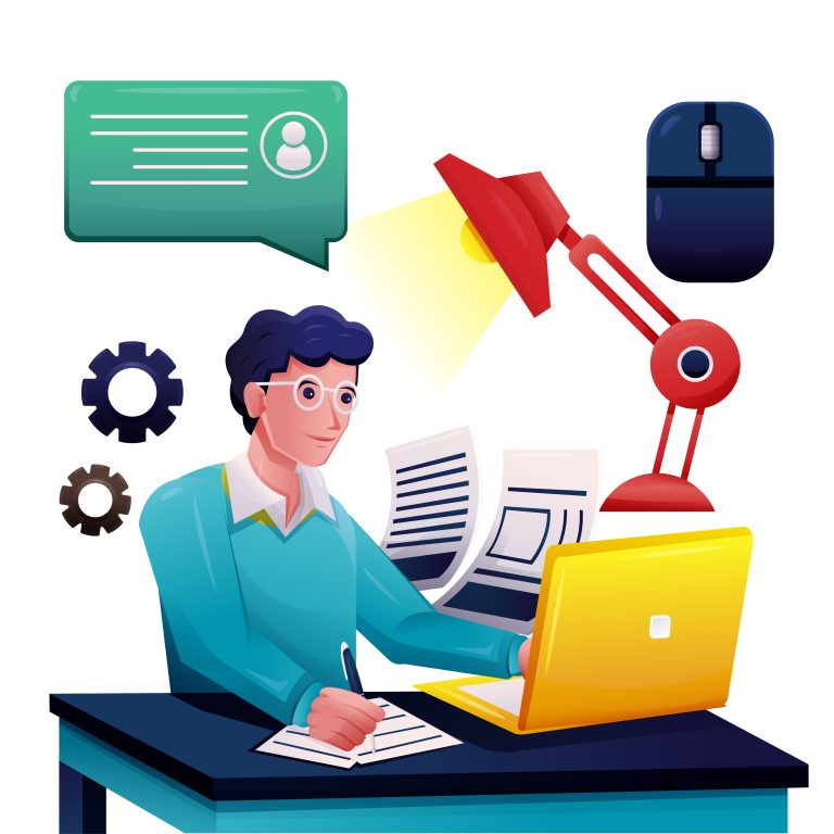young man working on laptop computer cartoon vector