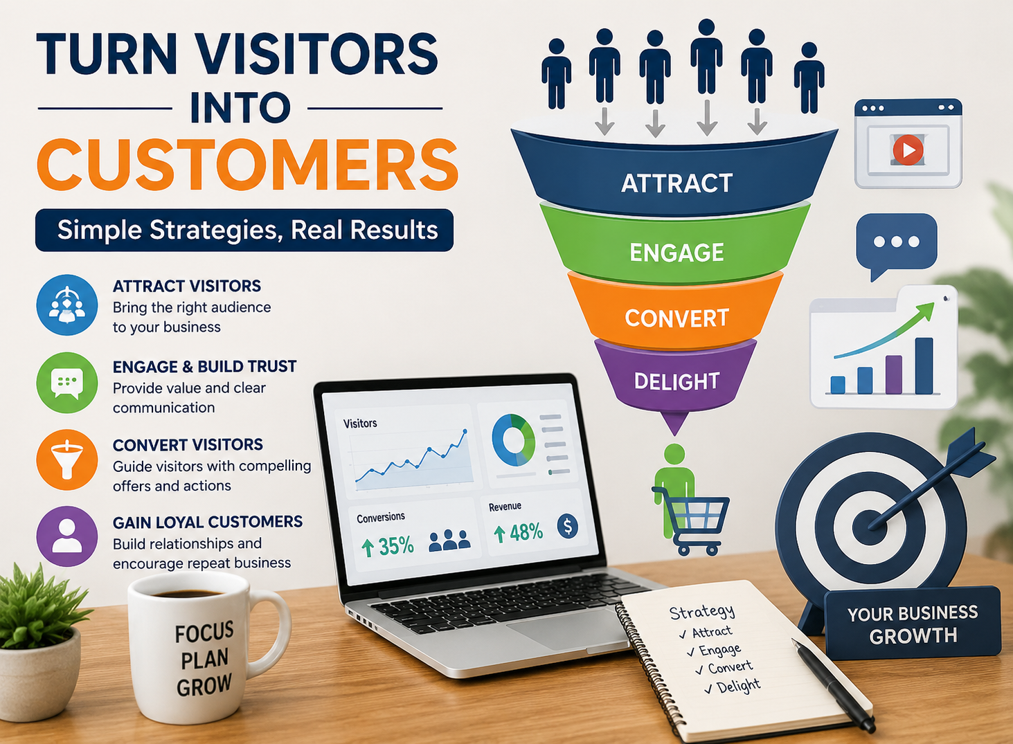 Meta Description Turn visitors into customers using practical strategies clear communication and consistent actions to improve trust and support business growth Introduction: Why Many Businesses Struggle to Convert Visitors Getting website traffic or social media engagement is important, but it does not automatically create customers. Many businesses attract visitors every day but still do not receive enough inquiries or sales. The reason is often simple. Visitors need trust, clarity, and a good experience before making decisions. Businesses that successfully turn visitors into customers usually focus on practical communication, useful content, and consistent customer interaction instead of only promotion. Make a Strong First Impression People often decide within a few seconds whether they want to continue exploring your business or leave. Because of this, first impressions matter a lot. A clean website, professional social media profile, and clear message help visitors feel more comfortable. Businesses that want to turn visitors into customers should make sure their online presence looks organized, trustworthy, and easy to understand. Simple layouts, clear information, and natural visuals usually work better than overly complicated designs. Explain Your Services Clearly One common mistake businesses make is assuming visitors already understand their services. Confusing information often pushes people away. Businesses that successfully turn visitors into customers explain what they offer in a simple and direct way. Visitors should quickly understand: What the business provides How it helps customers Why it is useful Clear communication builds confidence and reduces confusion. Create Helpful Content Modern customers often research before making decisions. They want useful information, answers to questions, and examples before contacting a business. This is why blogs, guides, short videos, and social media posts are important. Businesses that create useful content often turn visitors into customers more effectively because they build trust naturally over time. Helpful content also improves your visibility online and keeps visitors engaged longer. Improve Website and User Experience A slow or confusing website can make visitors leave quickly. Businesses should focus on creating a simple and smooth experience for users. Important improvements include: Fast loading speed Mobile-friendly design Easy navigation Clear contact options Businesses that improve user experience usually find it easier to turn visitors into customers because visitors feel more comfortable interacting with the business. Use Clear Call to Action Many businesses forget to guide visitors properly. Sometimes people are interested but do not know what to do next. A simple and clear call to action helps visitors take the next step. Examples include: Contact us today Request a free consultation Fill out the form Learn more about our services Businesses that use clear direction often turn visitors into customers more successfully. Build Trust Through Social Proof People trust businesses more when they see positive experiences from others. Reviews, testimonials, and real examples help visitors feel more confident. Businesses that want to turn visitors into customers should share: Customer reviews Success stories Real experiences Helpful feedback This creates credibility and reduces hesitation for new visitors. Respond Quickly and Professionally Many businesses lose customers simply because they respond too slowly. Quick communication creates a positive impression and shows professionalism. Businesses that quickly answer questions and provide helpful information usually turn visitors into customers more effectively. Even a simple and polite response can make a big difference. Stay Consistent With Your Marketing One-time effort rarely creates long-term results. Businesses that stay active regularly usually build stronger trust and visibility. Consistent posting, regular communication, and useful updates help businesses remain visible online. This consistency helps turn visitors into customers gradually over time. Understand Visitor Behavior Businesses should pay attention to how visitors interact with their website or social media. Understanding what content people enjoy or where visitors leave can help improve marketing strategies. Businesses that analyze customer behavior can slowly turn visitors into customers by improving weak areas and creating a better experience. A Simple Real Example A small service business was receiving website visitors but very few inquiries. They improved their website by: Adding clearer service descriptions Sharing customer reviews Creating helpful blog content Responding faster to messages Within a few weeks, inquiries increased steadily. This shows how small practical changes can improve conversion naturally. Common Mistakes Businesses Make Complicated website design Unclear service information Weak customer communication No clear call to action Inconsistent marketing Avoiding these mistakes can help businesses create better customer experiences and stronger results. Why These Strategies Work They build trust naturally They improve communication They reduce customer confusion They create better user experience They support long-term business growth Businesses that focus on practical improvements often turn visitors into customers more consistently over time. Internal and External Resources You can also explore: simple ways to build a strong brand identity practical methods to grow your business faster complete guide to long term business growth Learn more from trusted sources: https://www.hubspot.com https://neilpatel.com Conclusion: Focus on Trust and Simplicity Converting visitors into customers is not always about aggressive selling. Most people simply want clear information, useful content, and confidence in the business they choose. Businesses that focus on communication, trust, and consistency usually find it easier to turn visitors into customers naturally over time. Small improvements in customer experience can create meaningful long-term results. Image Prompts (1024×750) Prompt 1: Create a 1024x750 photorealistic image of a business owner reviewing website visitor analytics on a laptop with notes and coffee cup, clean modern workspace, natural lighting Prompt 2: Generate a 1024x750 realistic image of a business consultant discussing customer conversion strategy with a client in a modern office, laptop showing simple growth charts Image Alt Text turn visitors into customers business strategy planning