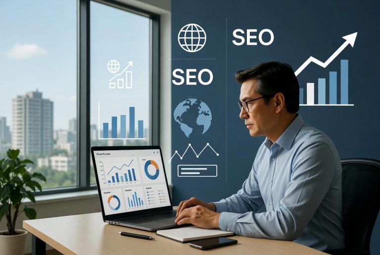 Businessman analyzing digital marketing Nepal growth with laptop SEO performance charts and social media marketing tools