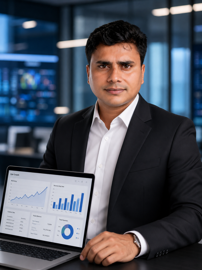 “Bijay Kumar Sahani working on AI digital marketing and business growth strategy with a laptop”