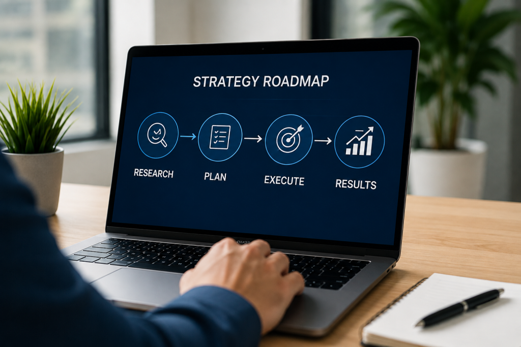Practical digital marketing strategy roadmap showing research, planning, execution, and results