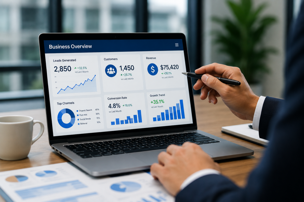 Business-focused digital marketing dashboard showing leads, customers, revenue, conversion, and growth