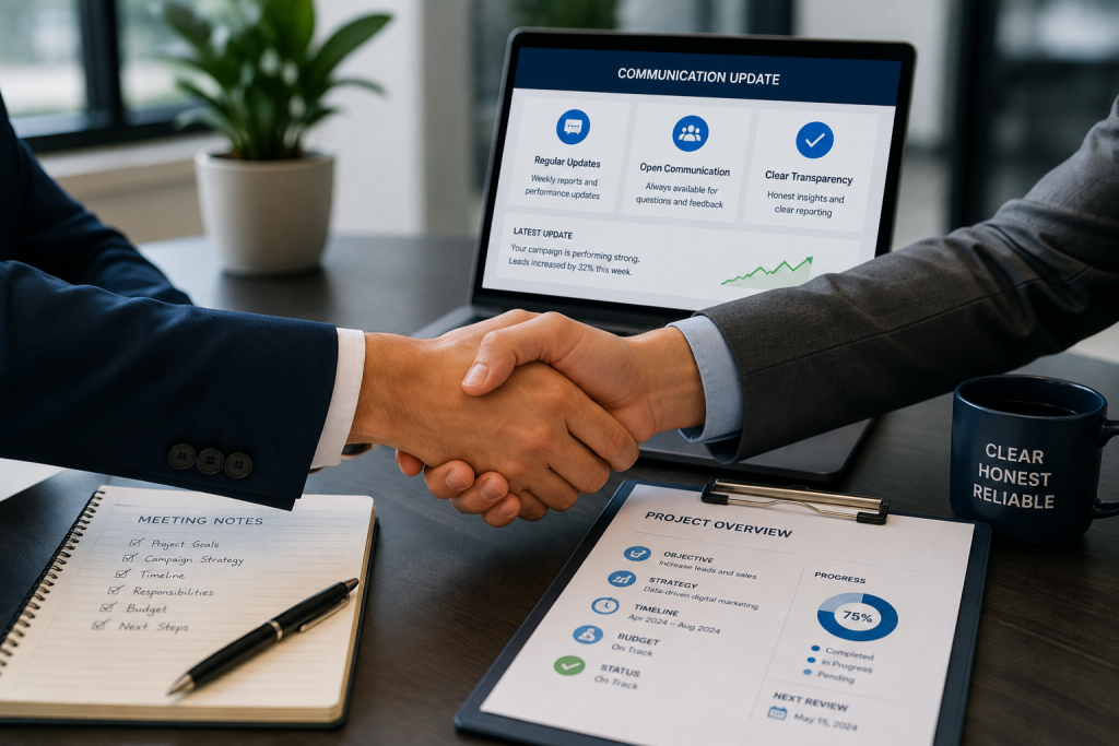 Transparent business communication with project updates, clear reporting, feedback, and collaboration