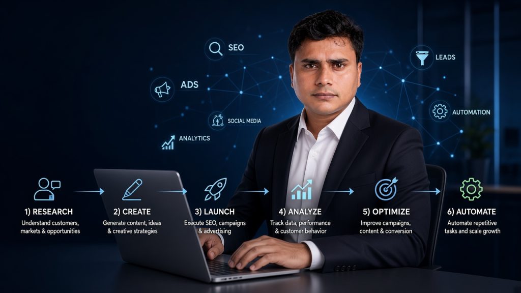 AI-powered digital marketing dashboard showing SEO, ads, social media, lead generation, analytics, email marketing, automation, and business growth