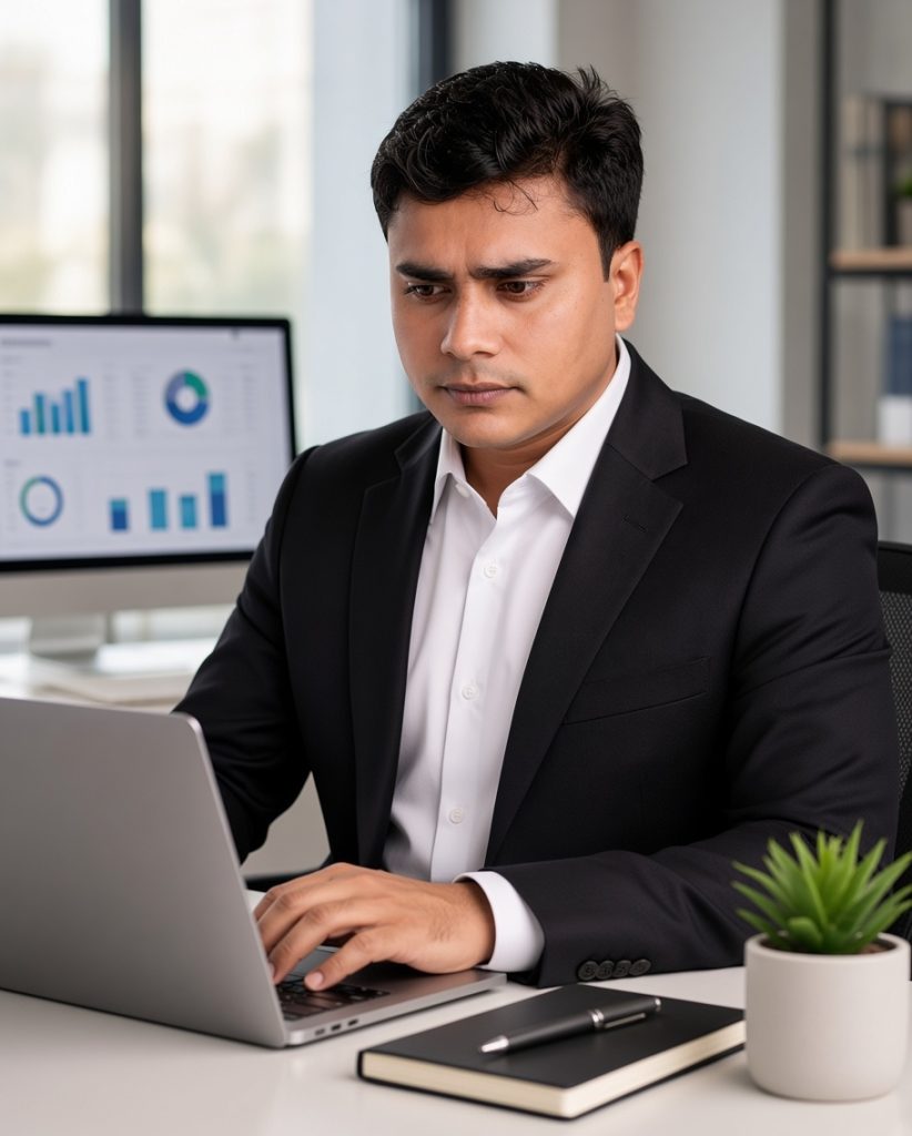 Digital marketing professional reviewing website analytics and business growth strategy on a laptop in a modern office