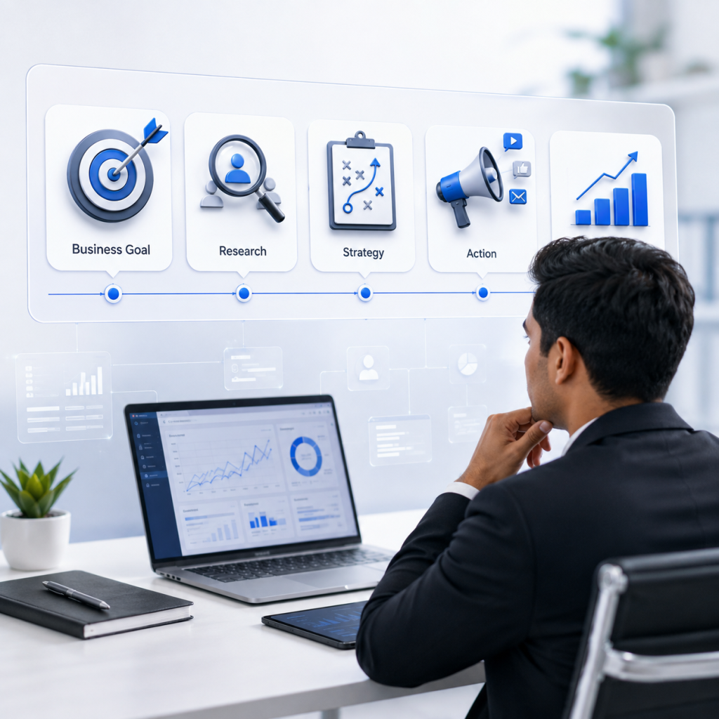 Digital marketing system connecting SEO, ads, website, leads and business growth